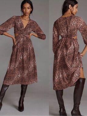 Anthropologie Ranna Gill Brown Leopard Cutout Midi Dress